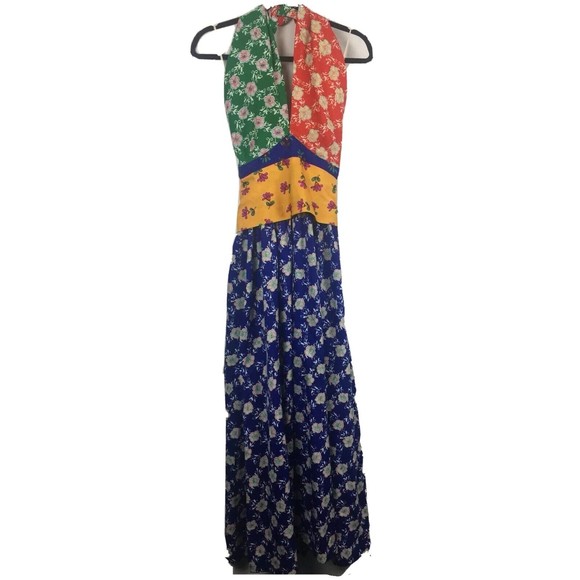 Womens Maxi Dress Size 5 Floral Halter Color Block Long VTG Youth guild - Picture 1 of 8
